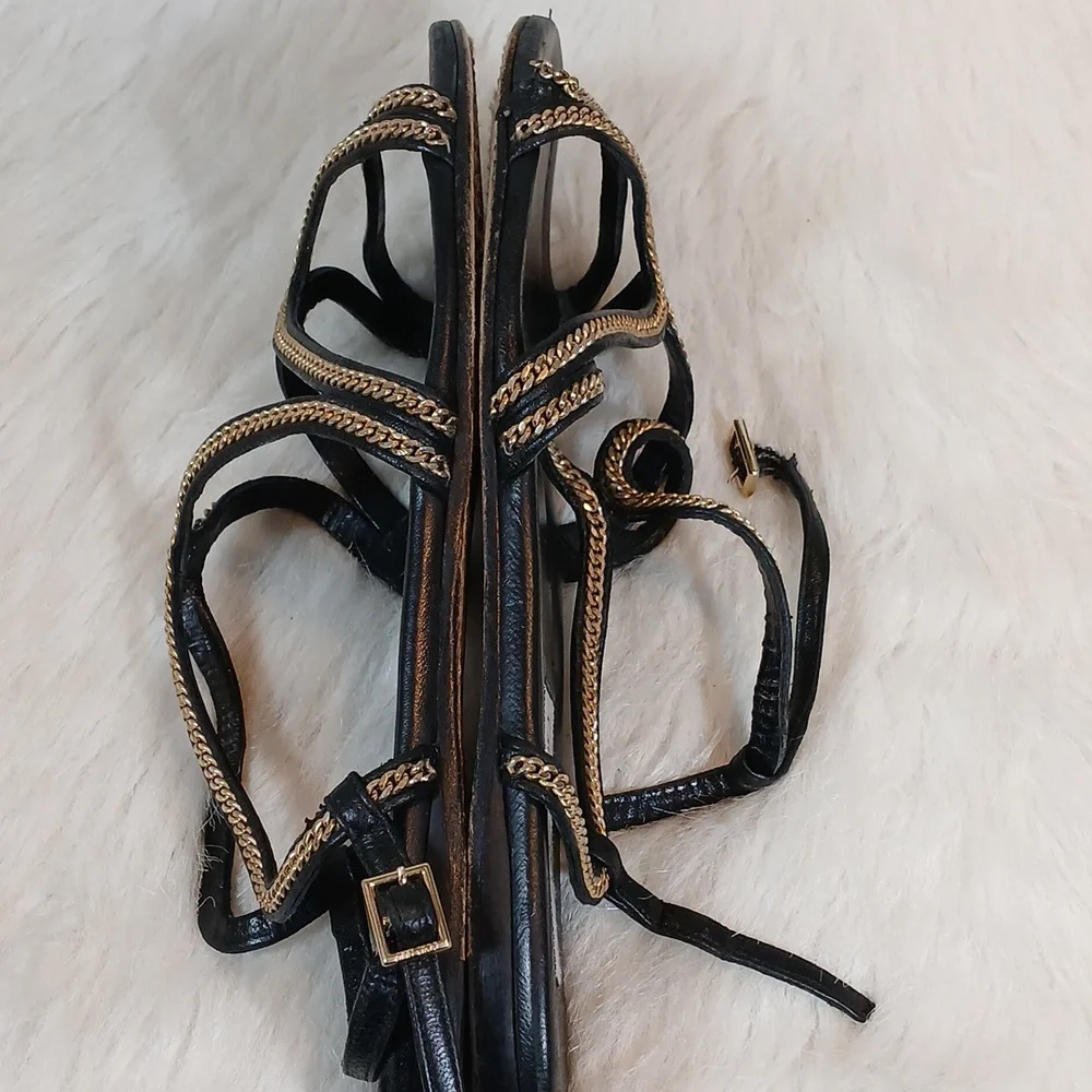 Jimmy Choo Leather Slingback Sandals Black Chain-Link Accent Sz 39 - Picture 7 of 10